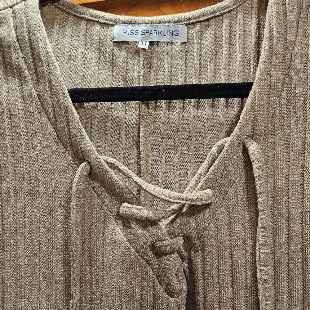 Miss Sparkling Lantern Sleeve Ribbed Khaki V- Neck Sweater Dress Medium - Picture 5 of 5